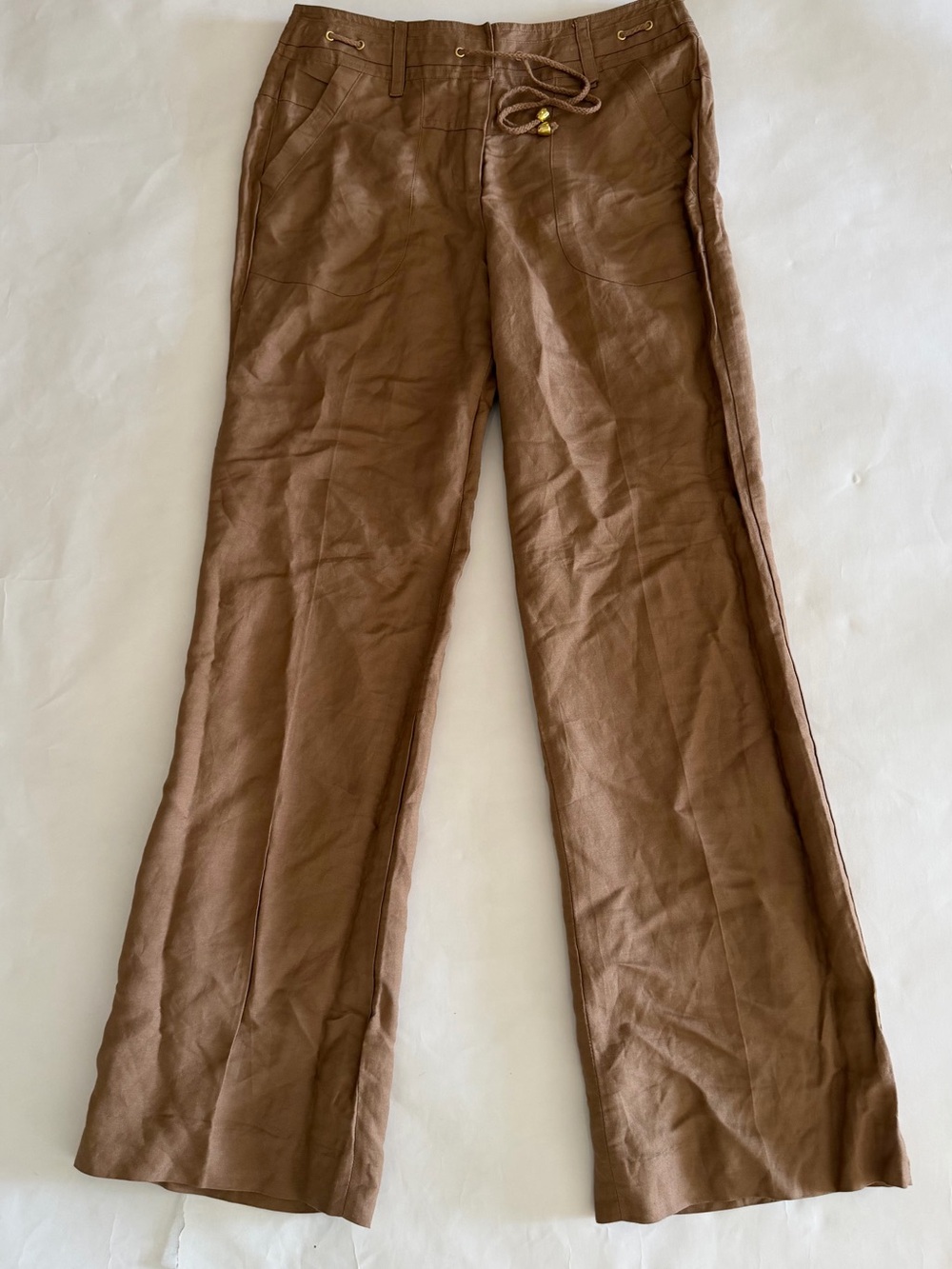 Brown Linen-Blend Drawstring Pants